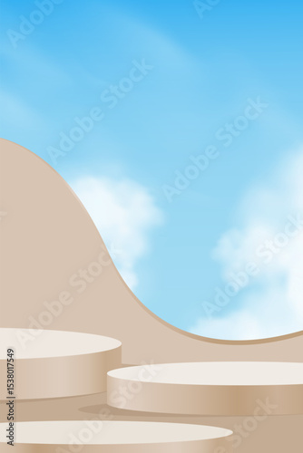 Stand on Sky Blue,Cloud Background with Light on Brown Podium Platform Step for Cosmetic Product,Vector Minimal 3d Display for Autumn,WInter Banner Design