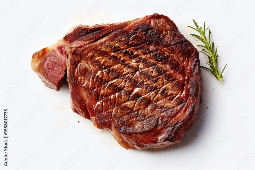 Obraz premium Delicious grilled steak with perfect sear and herbs on a white background