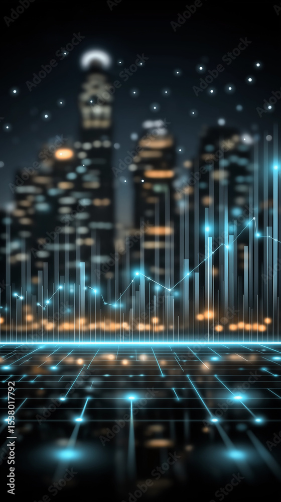 Fototapeta premium Night Cityscape with Data Flow: Futuristic cityscape at night with glowing data streams and graphs overlayed, suggesting technological advancement and data flow.