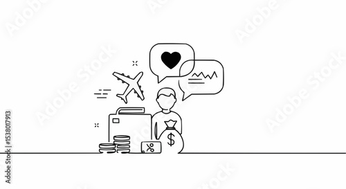 Line art illustration of a person dreaming about travel and finance. 