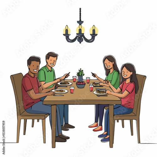 Happy family enjoying a meal together at a dining table.