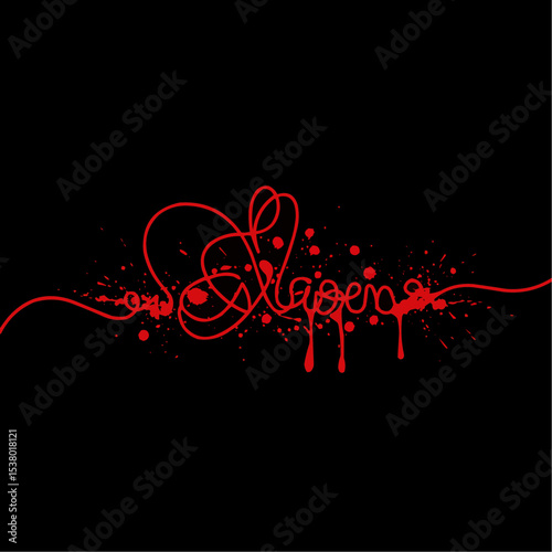 Abstract calligraphy in red color spelling "Happen" with paint splatter effect on black background. 