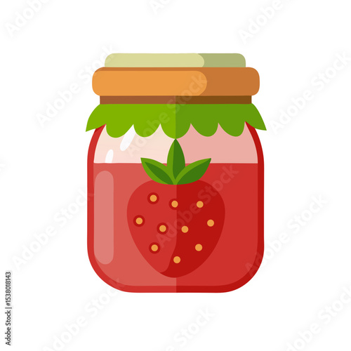 a glass jar containing red strawberry jam or preserve.