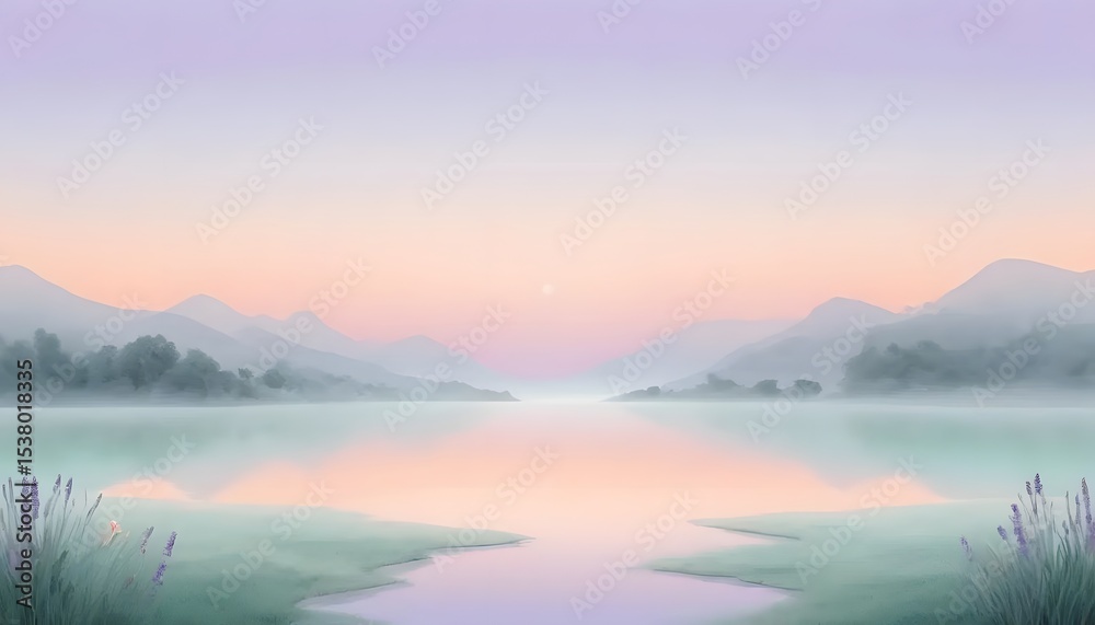 Fototapeta premium Dreamy Pastel Landscape with Ethereal Light. Serene Gradient Background in Peach, Lavender, and Mint
