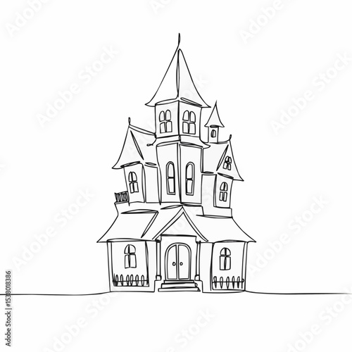 Haunted house, single-line drawing.