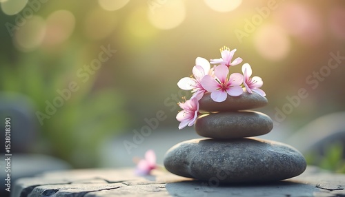 Stack of stones topped with pink flowers in peaceful outdoor setting.