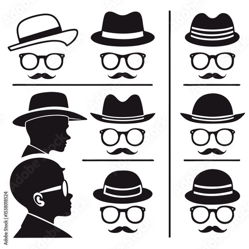 A vintage hipster fashion collection of black vector accessory icons featuring hats, mustaches, glasses, and caps