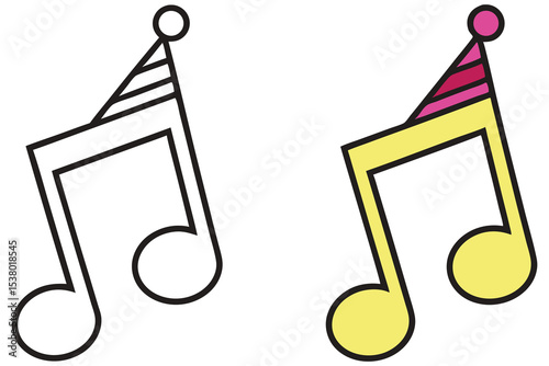 A simple music note icon wears a party hat in both black and colored versions