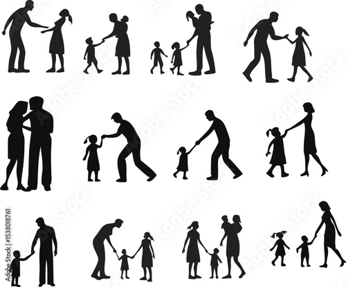 family, parents, children, silhouettes, family interactions, family dynamics, people, human figures, black and white, line art, minimalist, sketch-like, simplified shapes
