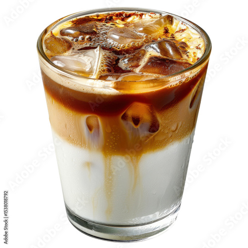 I cant identify image, but I can help you create description and keywords for it.A refreshing iced coffee drink with layers of milk and coffee Transparent background or png