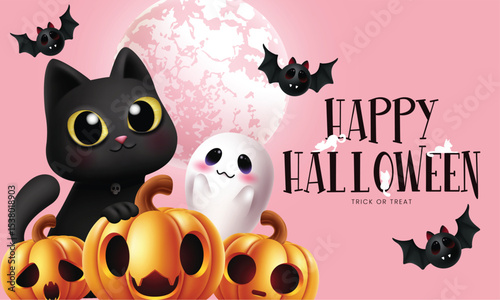 Halloween trick or treat greeting clipart banner. Happy Halloween greeting text clip art with cute pumpkins, cat, ghost and flying bats characters in pink background for horror party invitation card 