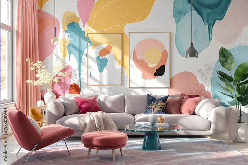 Sophisticated Interior Design: A Captivating View of a Living Room Showcasing Vibrant Abstract Wall Art and a Welcoming Sofa Set with Tastefully Chosen Accent Pillows.