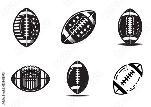 American football ball Silhouette Black Vector Illustration Set