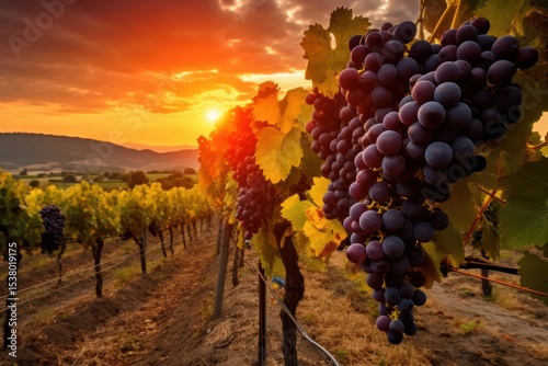 Sunset over grapevines with ripe clusters in a vineyard during harvest season