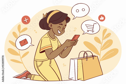Happy hispanic teen girl holding cell phone using smartphone device at home. Smiling young woman blogger subscribing new social media, buying in internet, ordering products online in apps