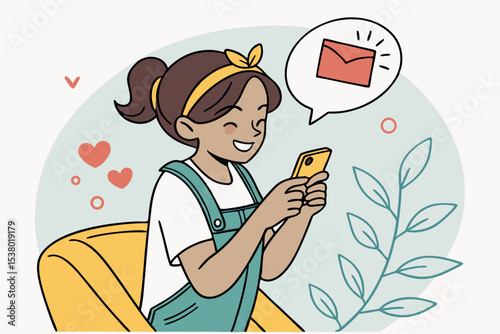 Happy hispanic teen girl holding cell phone using smartphone device at home. Smiling young woman blogger subscribing new social media, buying in internet, ordering products online in apps