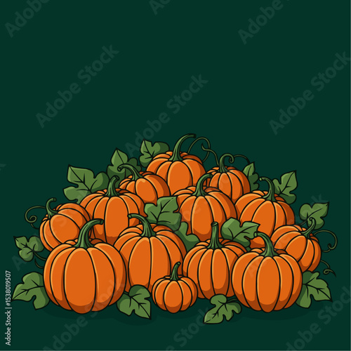 A collection of ripe pumpkins with green leaves and vines, creating a perfect harvest scene.