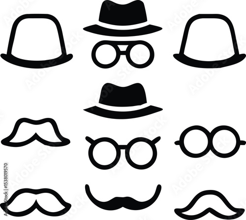 A vintage hipster fashion collection of black vector accessory icons featuring hats, mustaches, glasses, and caps