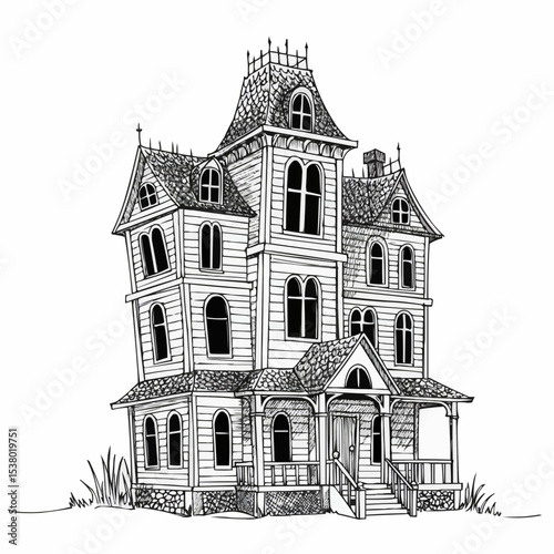 Detailed monochrome drawing of a spooky mansion with classic architectural elements.