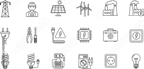 Black and White Energy and Electricity Icon Set in Minimalist Line Art Grid