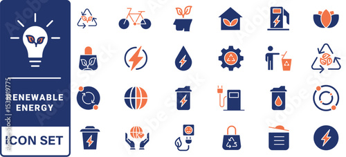 Renewable energy line icon set. Energy, efficiency, solar energy, green, sunlight, wind, and water outline icon collection.