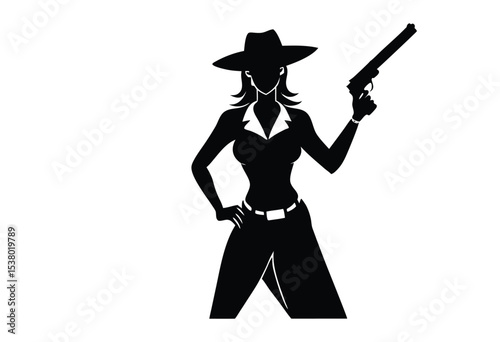 Cowgirl Holding Gun Silhouette Vector, Western Woman Shooter simple icon Illustration.