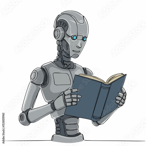 An intelligent robot engrossed in reading a book, symbolizing the integration of technology and learning.