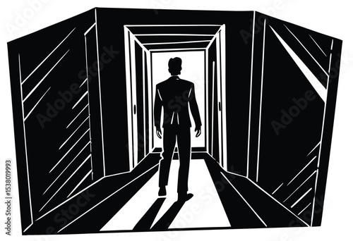 Man Walking Into Corridor Silhouette Vector, Male Entering Hallway simple icon Illustration.