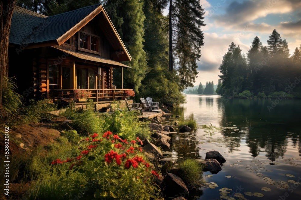 Obraz premium Charming lakeside cabin surrounded by lush greenery and vibrant flowers at sunset