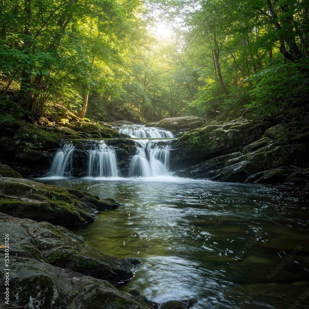Fototapeta premium Flowing River Through Lush Green Forest with Sunlight and Rapids