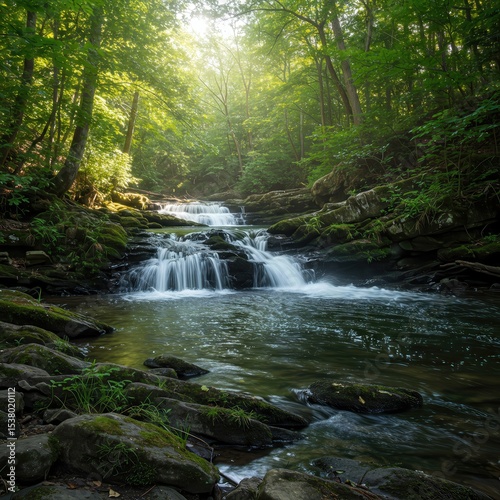  Flowing River Through Lush Green Forest with Sunlight and Rapids