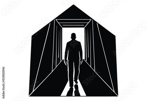 Man Walking Into Corridor Silhouette Vector, Male Entering Hallway simple icon Illustration.