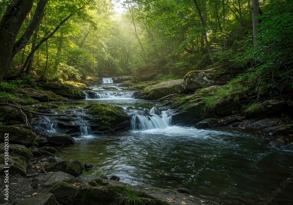 Obraz premium Flowing River Through Lush Green Forest with Sunlight and Rapids