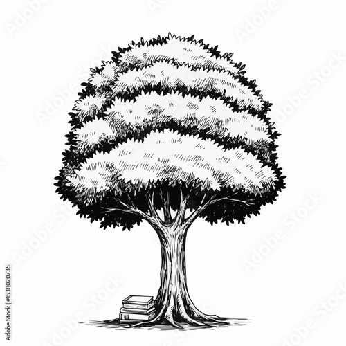 An illustration of a large tree with books placed at its base, suggesting a scene of study and nature.