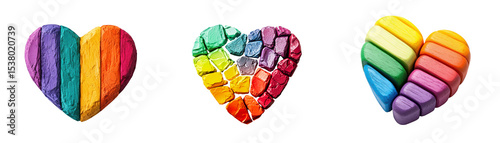 Three colorful hearts expressing love, joy, and inclusivity. They are formed using an array of vibrant, artistic, textured materials, creating a heartwarming display of affection and unity.