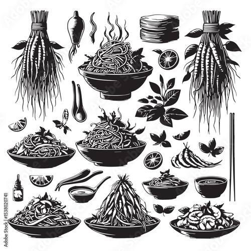 Black Pad Thai Silhouette Vector, High Quality Illustration on White Background