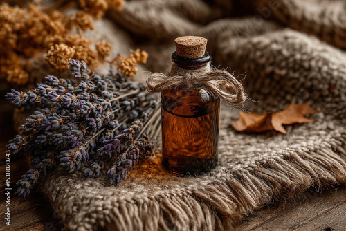 Amber Essential Oil Bottle with Lavender and Herbs