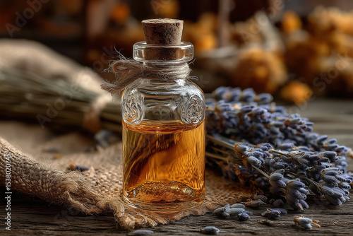Amber Essential Oil Bottle with Lavender and Herbs