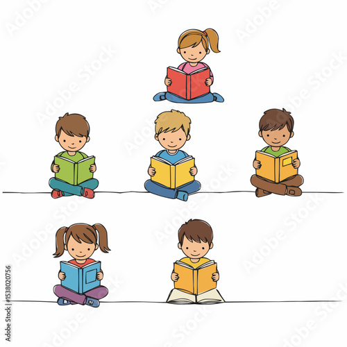 A group of children enthusiastically absorbed in the pages of their individual books, showcasing the joy and wonder of reading.