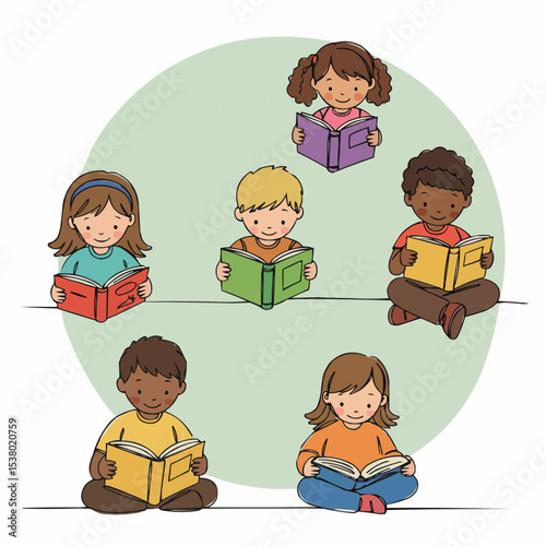 Children immersed in the world of books, enjoying the quiet joy of reading.
