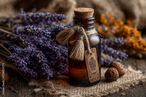 Amber Essential Oil Bottle with Lavender and Herbs