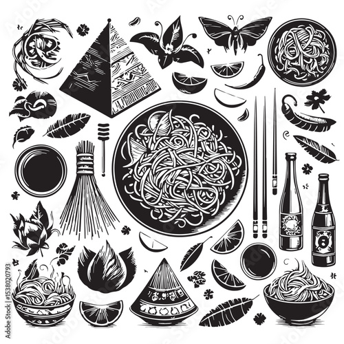 Black Pad Thai Silhouette Vector, High Quality Illustration on White Background