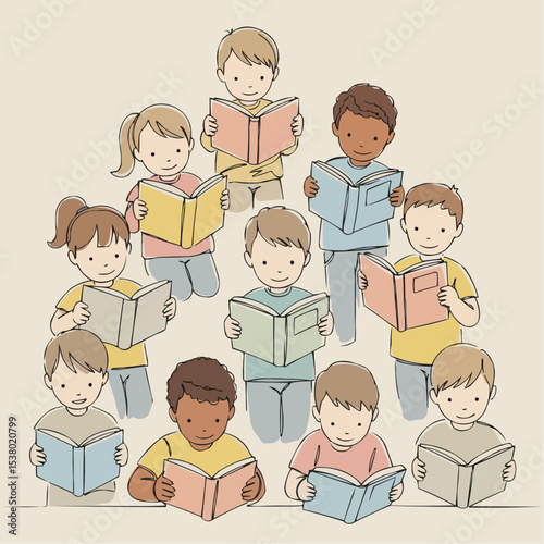 A collection of diverse children, each immersed in a book. A symbol of education and knowledge.