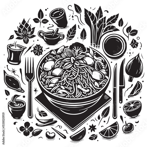 Black Pad Thai Silhouette Vector, High Quality Illustration on White Background