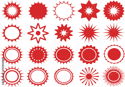 red flower, sunburst, starburst, abstract sun, floral pattern, ray pattern, burst effect, radial symmetry, geometric shape, ornamental design, simple shapes, repetitive elements, icon, vector illustra