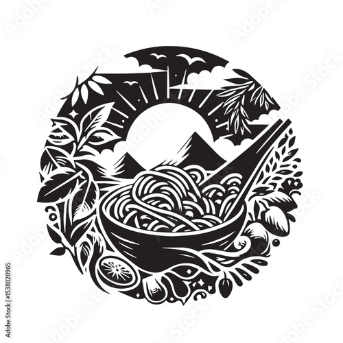 Black Pad Thai Silhouette Vector, High Quality Illustration on White Background