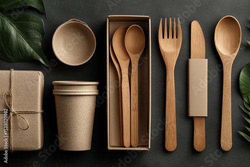 Flatlay of Eco-Friendly Packaging Mockup with Wooden Spoons and Forks – Sustainable Tableware on Neutral Background