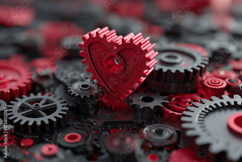 Abstract Background of Red Heart Surrounded by Black and Red Gears – Symbol of Love, Emotion, and Mechanical Contrast