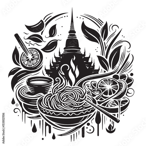 Black Pad Thai Silhouette Vector, High Quality Illustration on White Background
