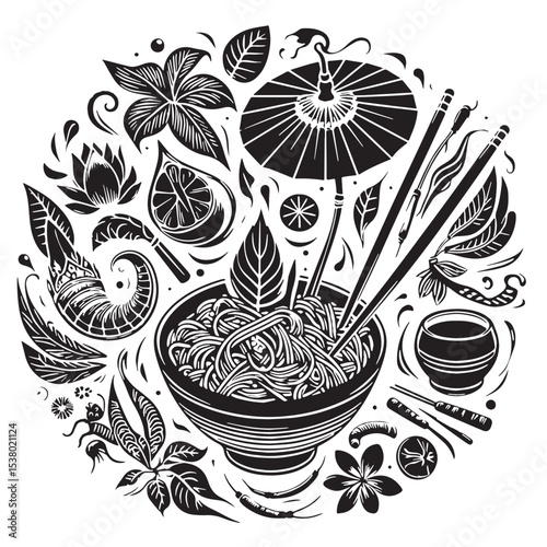 Black Pad Thai Silhouette Vector, High Quality Illustration on White Background